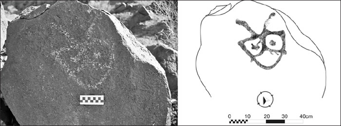 Figura 16. Grabado y calco del Cerro las Marcas, ubicado en frente del sitio Rincón del Toro, en las inmediaciones de Villa Castelli