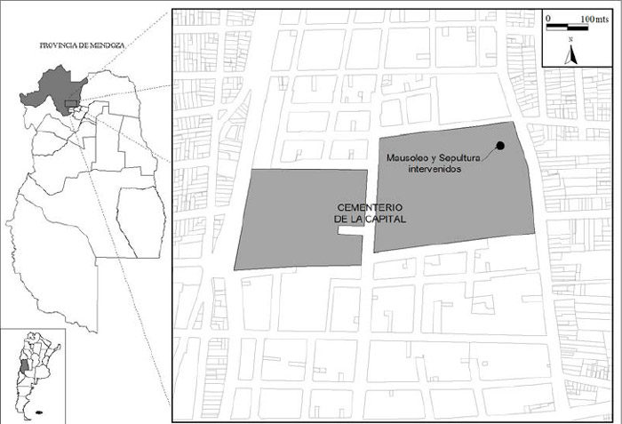 Figura 1. Localización del Mausoleo Santos Ortiz y Sepultura Vélez-Benavidez. Cementerio de la Capital de Mendoza, República Argentina