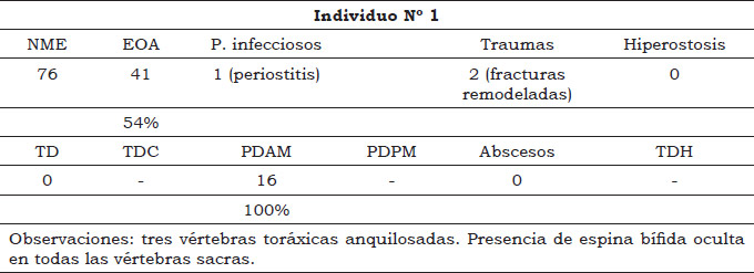 Tabla 2. Registro osteobiográfico del individuo Nº1. Referencias: NME, número mínimo de elementos; EOA, total de elementos con evidencias de osteoartritis; TD, número total de dientes presentes; PDAM, total de pérdidas dentales antemortem; PDPM, total de pérdidas dentales postmortem; TDH, total de dientes con líneas de hipoplasia de esmalte