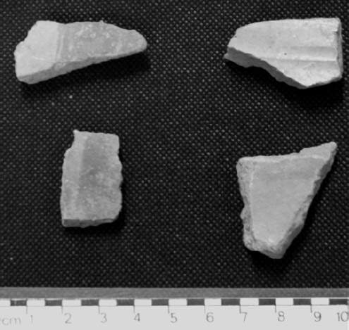 Figura 5. Fragmentos decorados. En la imagen de la derecha se observan cuatro fragmentos de PA 22, dos con decoración en negro sobre rojo (derecha), uno vitrificado (arriba izquierda) y otro con engobe rojo (izquierda abajo). En la imagen izquierda se observan fragmentos con improntas textiles de RH 10-1