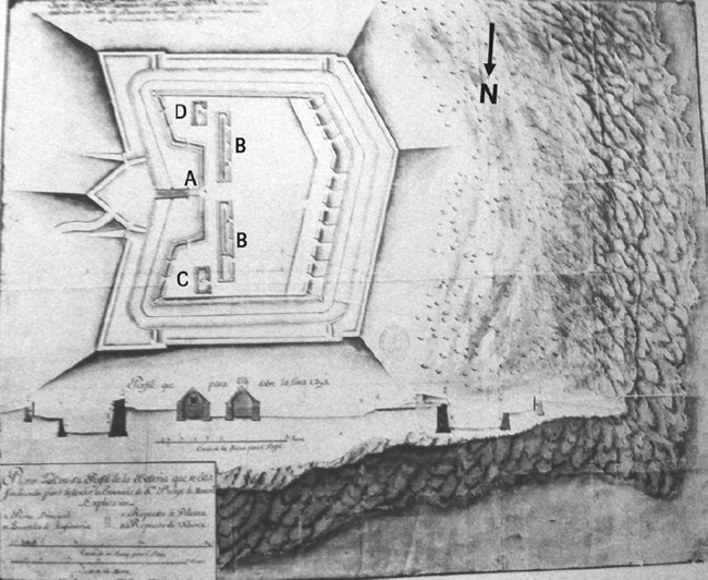 Figura 3. “Plano Qui.to con su perfil de la batería que se esta finalizando para defender la ensenada de Sn. Phelipe de Montev.o” 1741. “A. Puerta Principal. B. Quarteles de Infantería. C. Repuesto de Polvora. D. Repuesto de Víberes” (extraído de Travieso 1937:12)