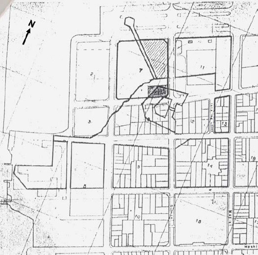 Figura 6. “Superposición del Plano-Catastro de la Ciudad de Montevideo. Ing. Juan Alberto Capurro año 1867 y Plano Actual de la Ciudad IMM.” Estudio Grafico y Analítico de la Cartografía - Norma Calgaro (Fuente: Exp. CPCN 1182/96; Finca Piedras y Guaraní, 26 dic. 1996, foja 4)