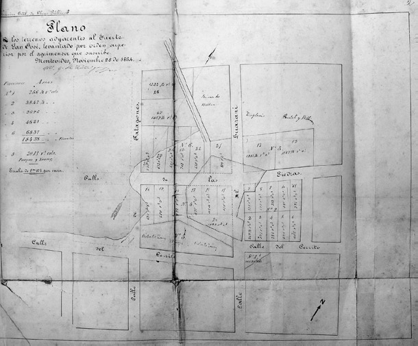 Figura 7. “Plano De los terrenos adyacentes al Fuerte de San José levantado por orden superior por el agrimensor que suscribe.” Montevideo, Noviembre 28 de 1864. M. G. de Zúñiga. Dirección General de Obras Públicas (Fuente: Archivo General de la Nación; Escribanía, Gobierno y Hacienda, Caja 223, Año 1864, Exp. Nº 33)