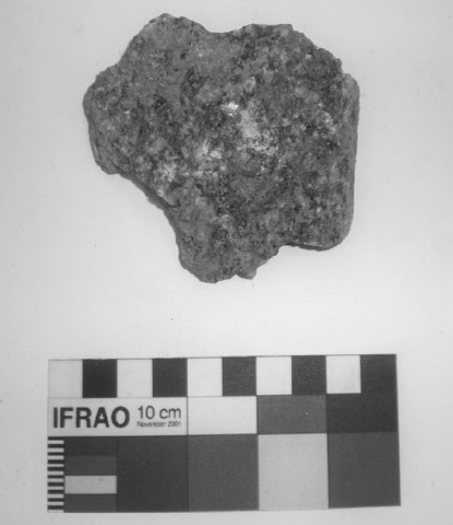 Figura 4. Fotografía de artefacto de granito del Corralón de Floresta que presenta ceniza adherida (además de marcas antrópicas). La ausencia de alteración térmica en el mismo nos ayuda a inferir una depositación primaria, y un posterior contacto con el material ya incinerado, lo cual provino las cenizas adheridas (Mercuri y Coloca 2009)