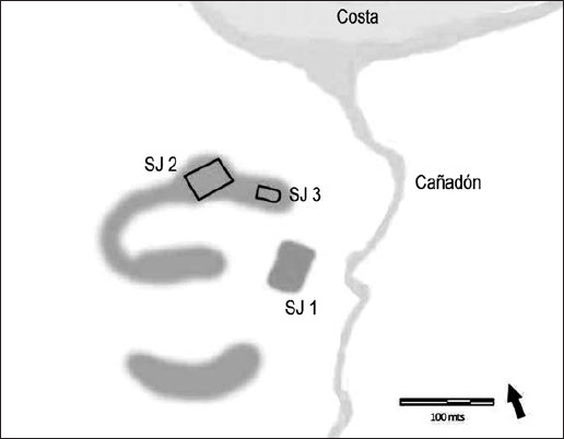 Figura 3. Localización de los tres sectores arqueológicos identificados en el Fuerte San José