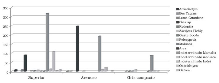 Figura 8. Representación general del número de especímenes identificados en la secuencia estratigráfica
