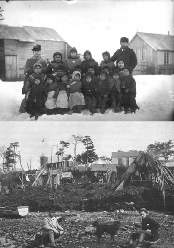 Figura 2 a) Misión de Ushuaia, Jean Louis Doze y Edmond Payen, Misión Científica Francesa al Cabo de Hornos, 1882-3. b) Estación misionera de Tekenika, Archivo de la South American Missionary Society, 1901-3