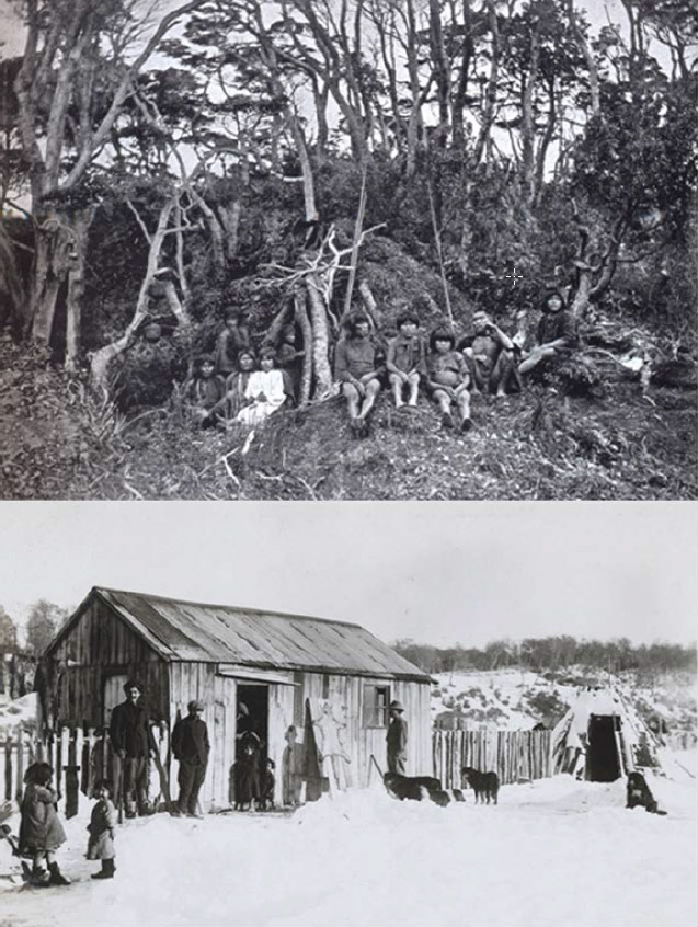 Figura 3 a) Choza yagán, Jean Louis Doze y Edmond Payen, Misión Científica Francesa al Cabo de Hornos, 1882-3. b) Yaganes de Isla Navarino, Federico Kohlmann, 1910