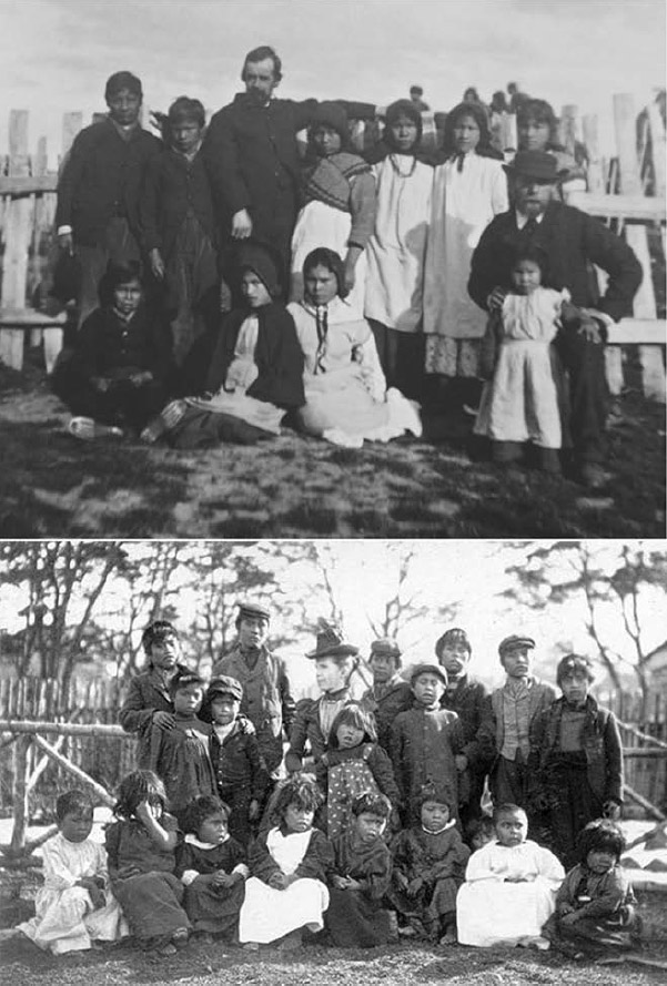 Figura 4 a) Misión de Ushuaia, Archivo de la South American Missionary Society, sin fecha, b) Misionera anglicana con yaganes en la Misión de Tekenika, Archivo de la South American Missionary Society, 1898