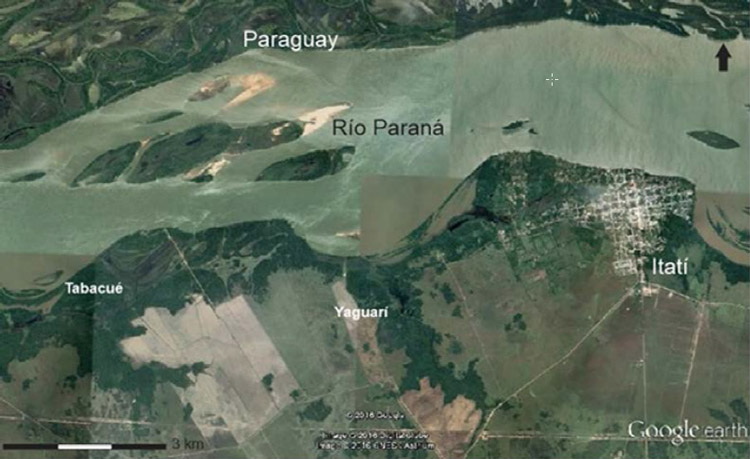 Figura 2. Mapa de Itatí y alrededores en donde se referencia la actual ubicación de los parajes de Tabacué y Yaguarí (imagen tomada de Google Earth 2017)