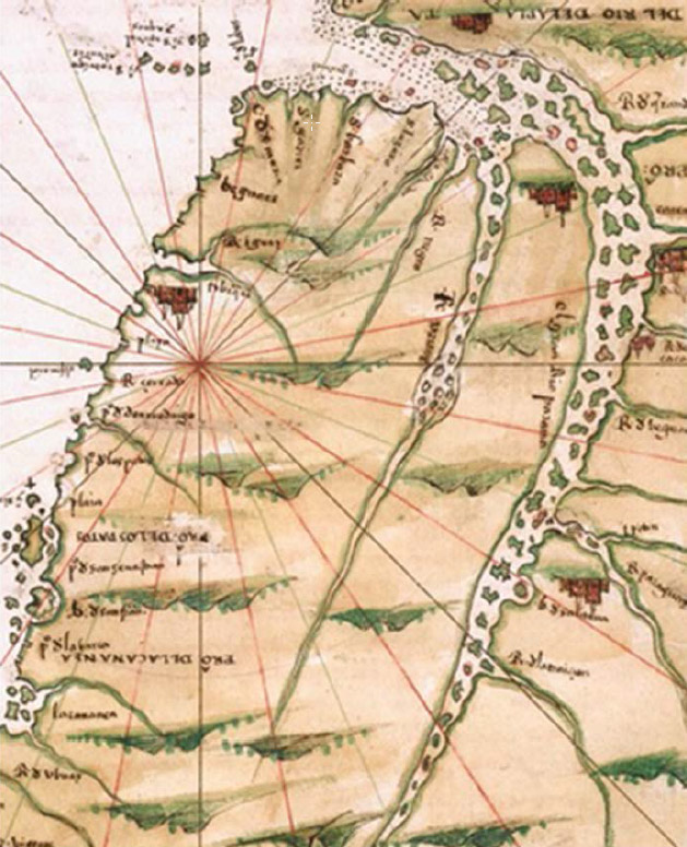 Figura 10. Mapa de Alonso de Santa Cruz referenciando el río Paraná y en donde también se presenta a “Santana” en la margen derecha (Fuente: Santa Cruz -ca. 1539-1560-). Se encuentra ubicado con el sur hacia “arriba” para simplificar su lectura