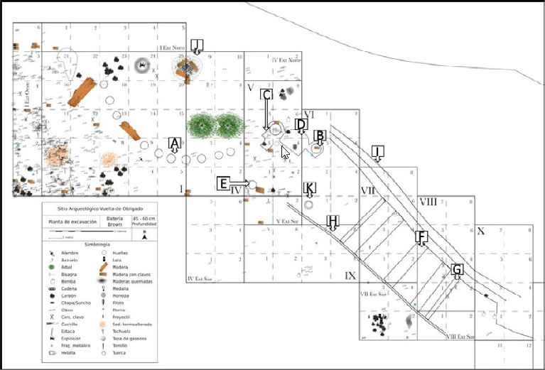 Figura 5 – Planta de excavación de la segunda batería con la distribución material (maderas y metales) y huellas en la tosca, entre los 45 y 60 cm de profundidad