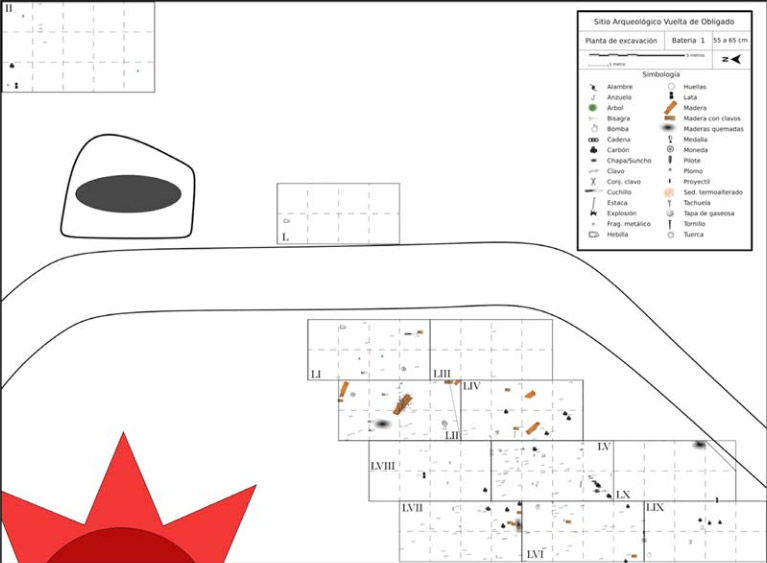 Figura 7 – Planta de excavación de la primera batería con la distribución material (maderas y metales), entre los 55 y 65 cm de profundidad