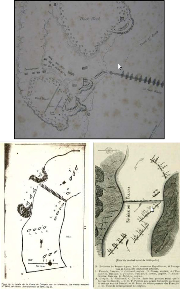 Figura 8 – Arriba. Plano de Obligado levantado por el Capitán Sulivan de la Royal Navy el 20 de noviembre de 1845. Museo Naval de la Nación, Tigre. Abajo Izquierda. Plano de la batalla de la Vuelta de Obligado – La Gaceta Mercantil Nª 6636, sábado 13 de diciembre de 1845, pág. 2. Derecha. L´illustration, Jornal Universal, No154, Volumen VI, February 7, 1846