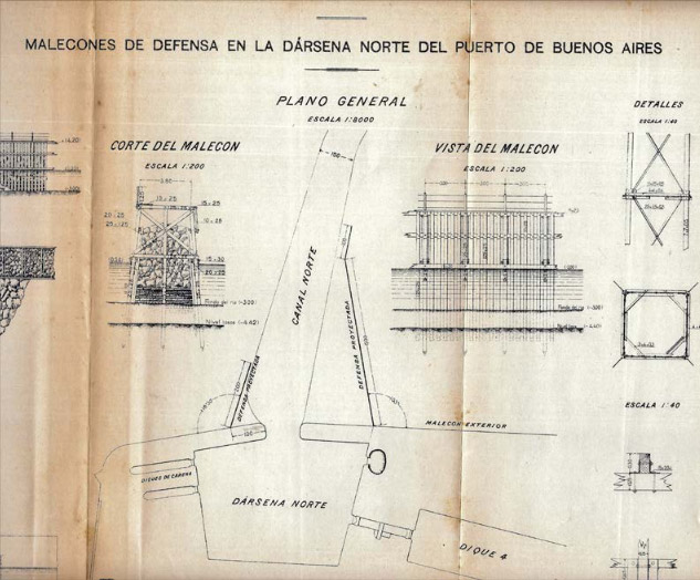 Figura 4 Sistema constructivo de la Dársena Norte mediante postes clavados bajo el fondo del río. En el círculo la Dársena 1 (Archivo ex Ministerio de Obras Públicas, CEDIAP)
