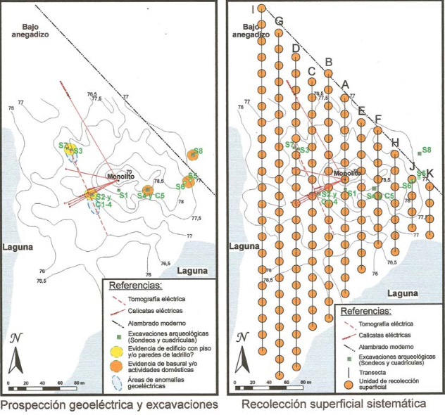 Figura 4: Planialtimetría del sitio, con a) ubicación de prospección geofísica y excavaciones (izquierda); b) recolección superficial sistemática (derecha)