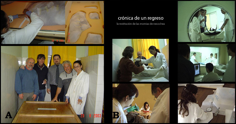Figura 3.a: Acondicionamiento de las momias para su traslado, Hospital Irurzun, Quequén; b: Imágenes del documental Crónica de un Regreso. Director: David Baute