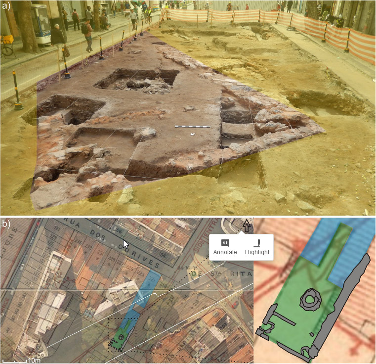 Figura 2: a) Destaque para os remanescentes arquitetônicos do prédio 221 da Rua dos Ourives e para as quadrículas escavadas. b) Sobreposição entre a carta de Gotto (1871), uma ortofotografia do Google e a topografia dos remanescentes
