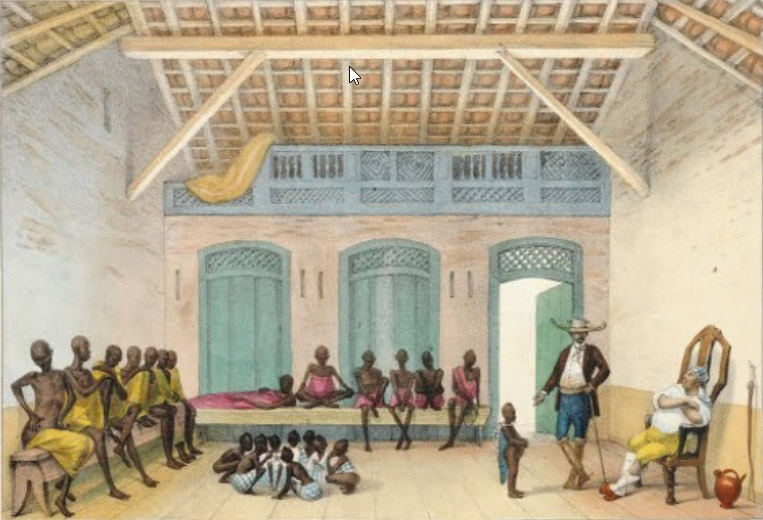 Figura 5. a) Mercado de escravos na Rua do Valongo - Aquarela sobre papel - 17,5 x 26,2 cm. Jean-Baptiste Debret (1816-1828)
