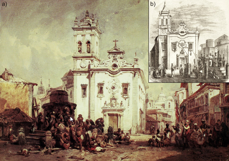 Figura 6. a) Largo com chafariz - Aquarela sobre papel - 25,7 x 36,4 cm. Eduard Hildebrandt (1844). b) Church of Santa Rita (Ewbank, 1856, p. 312)