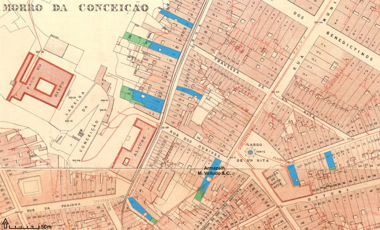 Figura 7. Localização dos armazéns que comercializavam pessoas no perímetro do Largo de Santa Rita em período contemporâneo ao de José Moreira Velludo