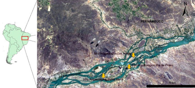Figura 1- Localização as intervenções arqueológicas: Ilha de Santa Maria, Ilhaa Das Almas y Ilha da Piraçú, Orocó, Pernambuco