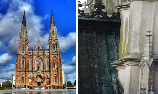Figura 2. Catedral de La Plata, Argentina (izq.). Pátina natural de cobre (der.)