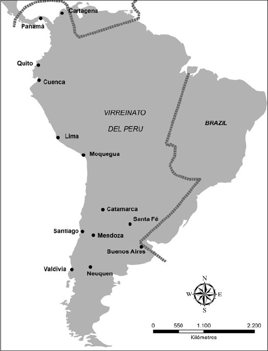 Figura 1. Ubicación de la ciudad de Valdivia en extensión máxima del Virreinato del Perú