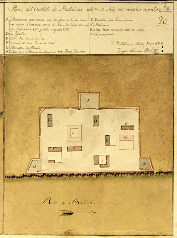 Figura 10. La Plaza Real o castillo de Valdivia. Recinto según relevamiento del ingeniero Antonio Birt (ca. 1763). Fuente: Ms. 400/ n° 7-II, Biblioteca Nacional de Cataluña, Barcelona
