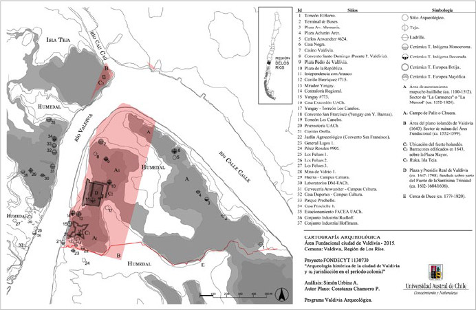 Figura 15. Zonificación arqueológica del Área Fundacional de Valdivia al año 2015. Fuente: Elaboración propia
