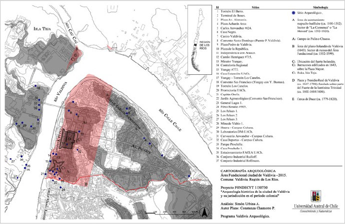 Figura 16. Cartografía arqueológica del Área Fundacional de Valdivia 2015. Fuente: Elaboración propia