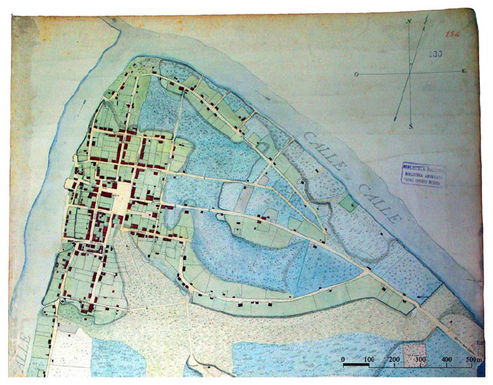 Figura 18. Detalle plano de Valdivia. Henrique Siemsen, 1853. Nótese la distribución de casas con techados coloreados en rojo. Se ha agregado escala métrica. Fuente: Sala Medina, Biblioteca Nacional de Chile