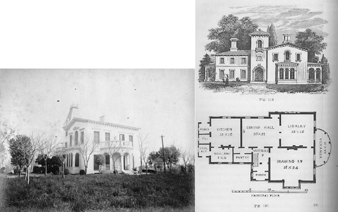 Figura 1. Vista de la casa habitación de Tomas Thomas (Schlie 1888-1892) y su comparación arquitectónica que muestra su estilo constructivo analizado por Clark (1976)