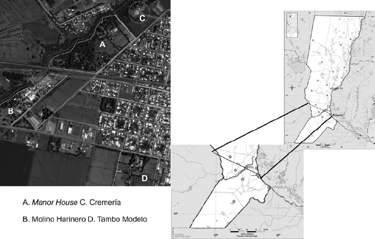 Figura 2. Identificación en terreno de los componentes del complejo agroindustrial y la residencia Thomas y la proyección geográfica de colonia Carcarañá en la intersección del río homónimo y la traza del ferrocarril