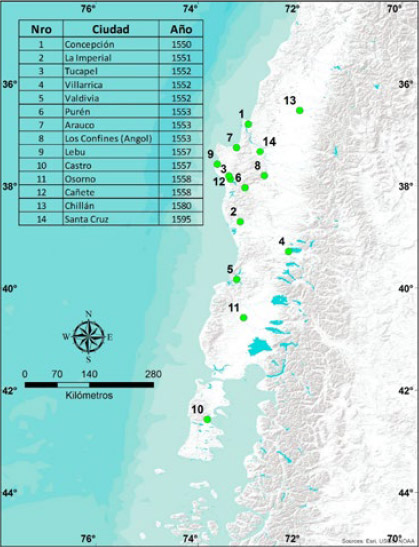 Figura 3. Ciudades fundadas en la Gobernación de Chile, siglo XVI (ca. 1541-1595)