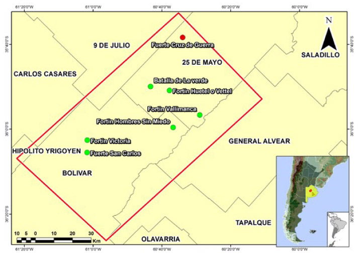 Figura 1. Área de estudio del Proyecto Arqueología del Conflicto en los partidos 25 de Mayo y Bolívar, adonde se aprecian los sitios arqueológicos detectados hasta la fecha