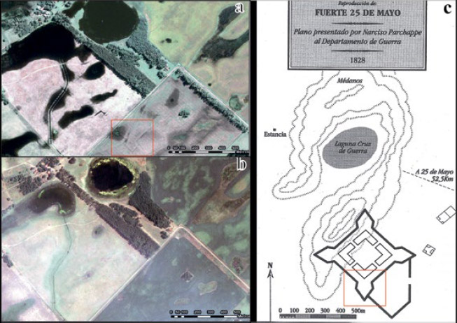 Figura 3. Presentación de las fuentes y de las imágenes satelitales provenientes del Google Earth Pro: A) imagen satelital adquirida el 27 de marzo de 2001; b) imagen satelital adquirida el 29 de enero de 2014; y c) mapa publicado en Till y Puigdomenech (2003) en base al plano de Parchappe (1828)