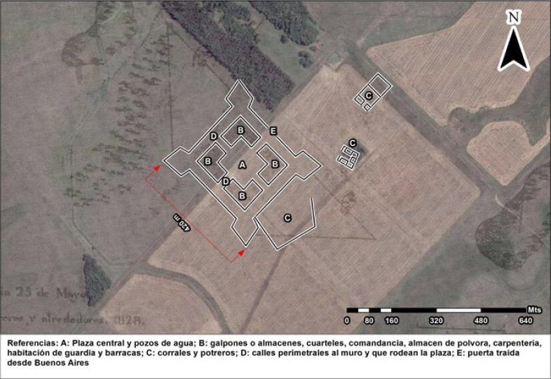 Figura 4. Georreferenciación y digitalización del plano realizado por Parchappe. La figura muestra la superposición de las imágenes satelitales, el plano original y la digitalización del Fuerte Cruz de Guerra con la ubicación de las estructuras internas, descripta en sus informes