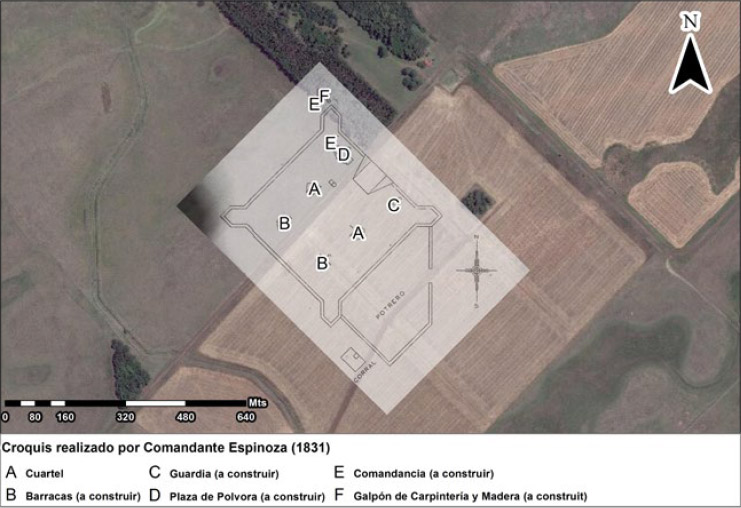 Figura 5. Georreferenciación y digitalización del croquis realizado por el Comandante Antonio Espinosa en 1821. Se posicionaron las estructuras internas utilizando el informe que acompañaba dicho dibujo del Fuerte Cruz de Guerra