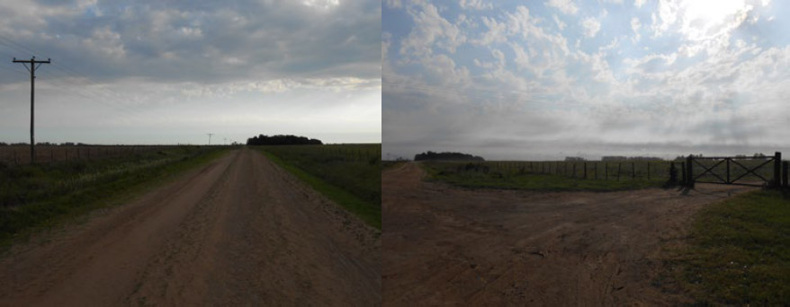 Figura 6. Vista del sitio desde el camino rural: a) sector medio del fuerte (nótese el campo cultivado a la izquierda); y b) entrada al campo, en cercanías de la entrada a la fortificación