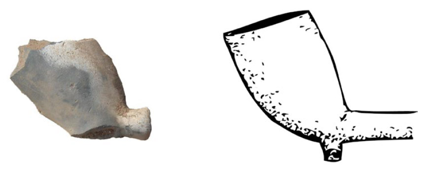 Figura 9. Restos del hornillo de una pipa de caolín (diámetro: 19 mm) y silueta de una pieza típica del período 1820-1860 (basado en Noël Hume 1969:303)