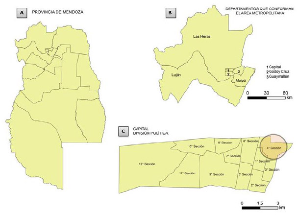 Figura 1. Cuarta sección en tres escalas espaciales: A) Provincia de Mendoza, B) Área metropolitana, C) Departamento Capital