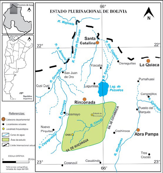 Figura 1. Mapa de ubicación del sur de la Cuenca de Pozuelos (Jujuy, Argentina) y del sitio Chajarahuayco 25 (confeccionado por Silvina Rodríguez Curletto)