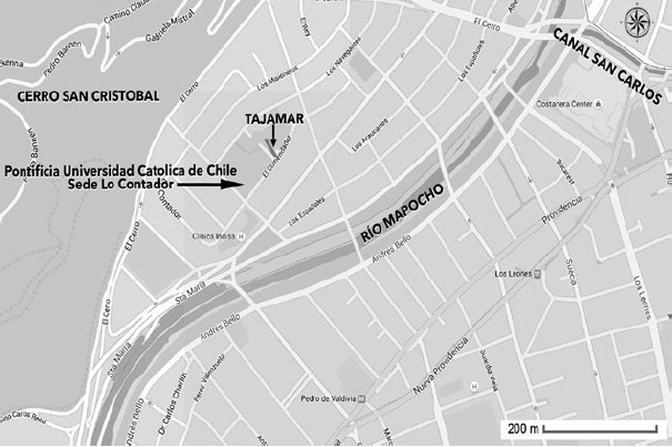 Figura 2. Mapa de ubicación del tajamar. Se observa además el río Mapocho y el cerro San Cristóbal