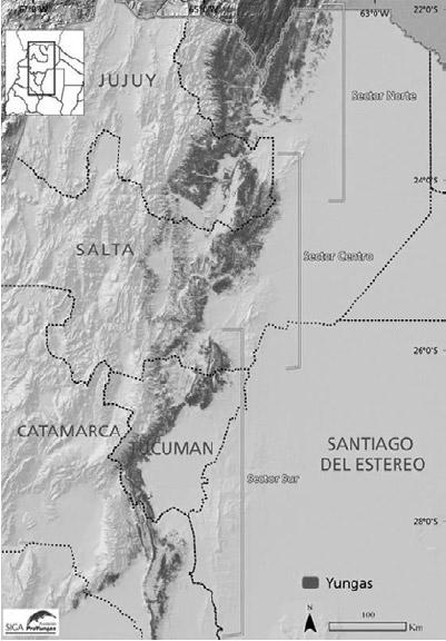 Figura 1. Extensión de las yungas en el Noroeste argentino