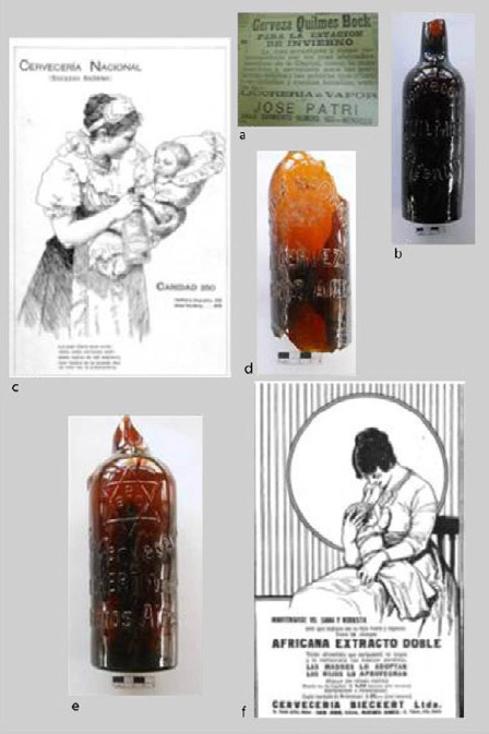 Figura 5. a: publicidad cerveza Quilmes Diario Los Andes 1903; b: botella de cerveza Quilmes Argentina P.A. San Agustín; c: publicidad de cerveza Fábrica Nacional Revista Caras y Caretas 1899; d: botella de cerveza Fábrica Nacional Buenos Aires P.A. San Agustín: e: botella de cerveza Bieckert P.A. San Agustín; f: publicidad de cerveza Bieckert Revista Caras y Caretas 1920
