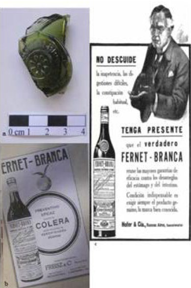 Figura 6. a: fragmento botella Branca Milano Fratelli P.A. San Francisco; b: publicidad Diario Los Andes 1910; c: publicidad Revista Caras y Caretas 1920