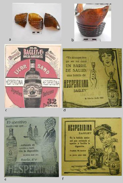 Figura 7. a: Fragmentos de botella de Hesperidina P.A. Cabildo; b: Base de botella de Hesperidina P.A. Cabildo; c: publicidad Revista Caras y Caretas 1898; d: publicidad que muestra a una mujer Diario los Andes 1922; e: publicidad que representa a un mozo llevando Hesperidina Diario Los Andes 1922; f: presencia de obreros en la publicidad de Diario Los Andes 1922