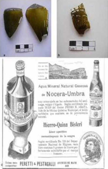 Figura 8. a: fragmentos de botella de Ferro Quina Bisleri P.A. Chacabuco 441; b: Fragmentos de botella de Ferro Quina Bisleri P.A. Cabildo; c: publicidad Revista Caras y Caretas 1905