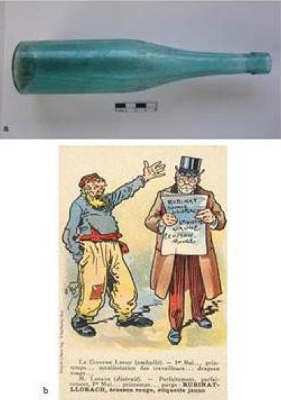 Figura 10. a: Botella de agua purgante Fuente Amarga P. LL. Rubinat Llorach P.A. Alberdi e Ituzaingo; b: Publicidad extraída de Calvo Rebollar 2013